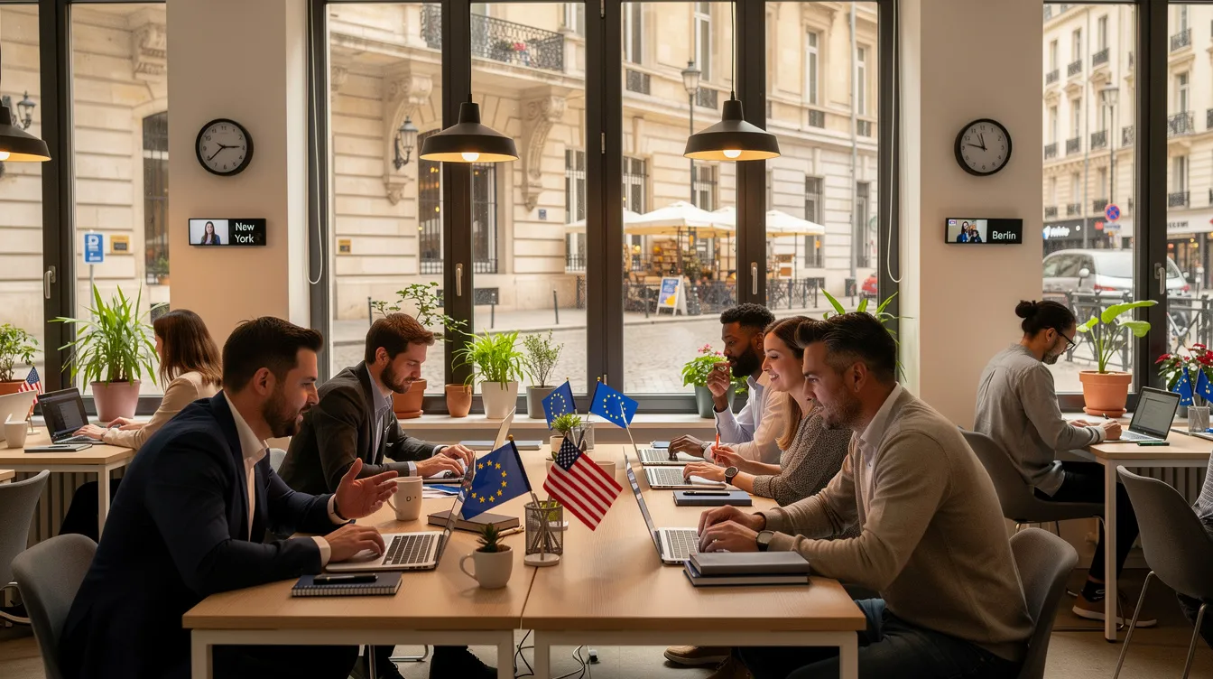 The image depicts a group of US expats working in a vibrant European city, engaging in various professional activities. They navigate the complexities of foreign earned income exclusion and tax benefits while enjoying their experiences abroad.