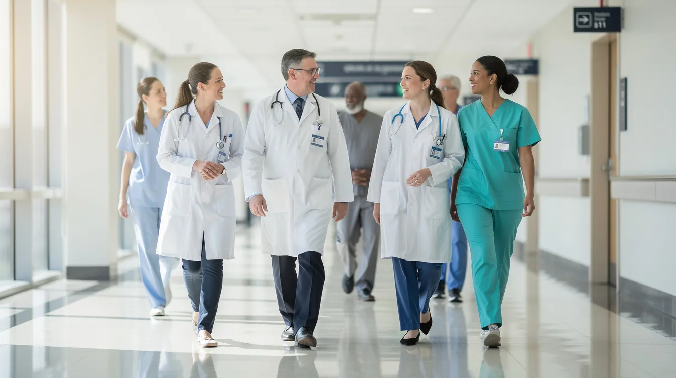 f20bf603 3408 4c76 9837 e173dce16149 A group of doctors and medical professionals walks through a hospital corridor, likely discussing essential elements of cancer treatment and patient care. Their coordinated efforts reflect the organization and teamwork necessary in a cancer hospital to ensure effective services and support for patients.
