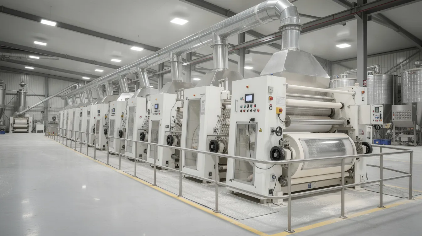 The image depicts industrial roller milling equipment within a large flour manufacturing facility, showcasing the advanced machinery used in the wheat flour production process. This setup is integral to the flour mill project, emphasizing the scale and efficiency of the flour milling operations.