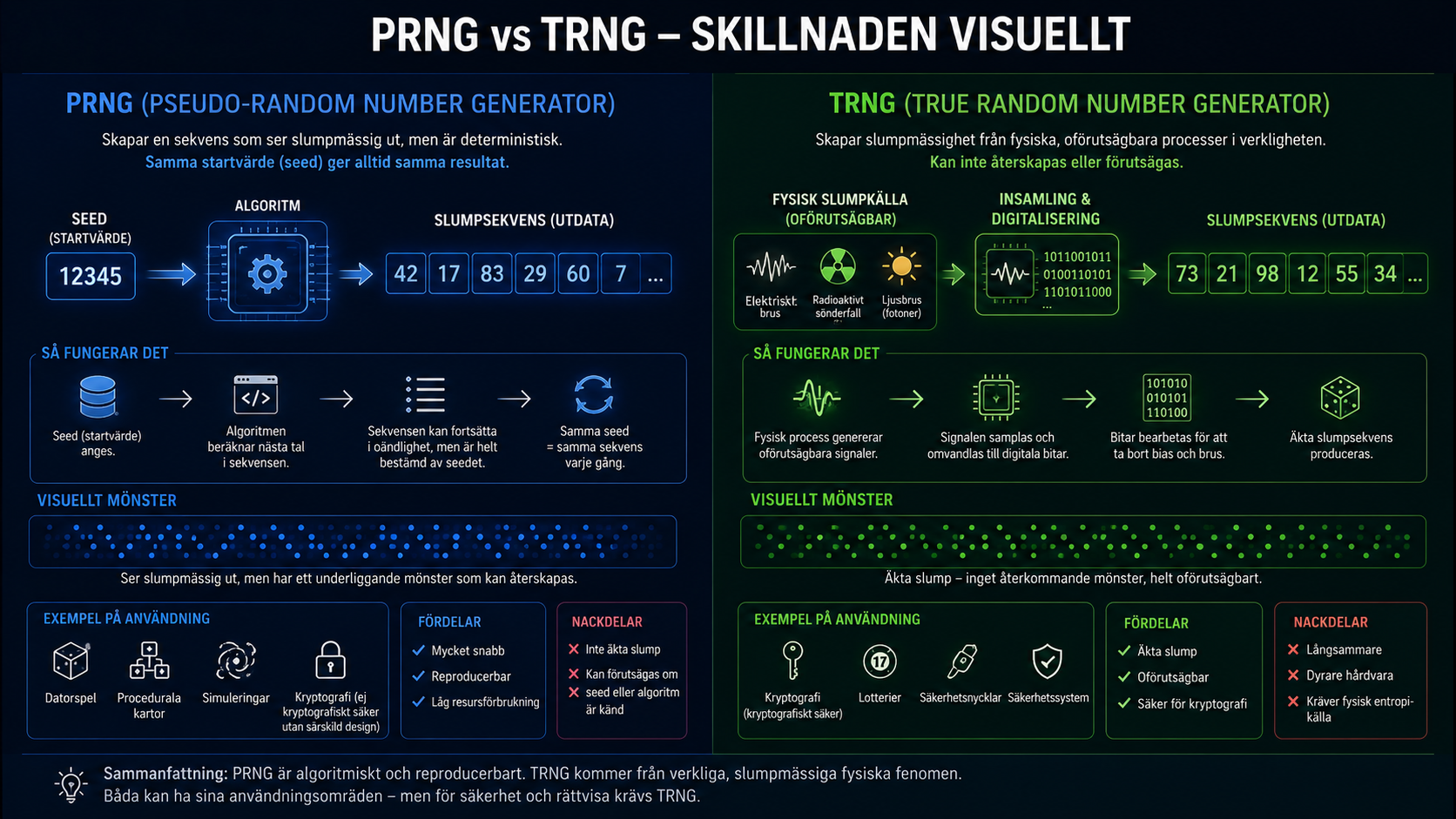 Infografik som jämför PRNG och TRNG samt visar skillnaden mellan pseudo-slump och äkta slump