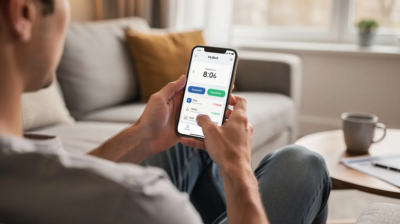 A person is sitting comfortably on a sofa, focused on their smartphone as they navigate a banking app to manage their mortgage payments and explore various mortgage rates. The app displays information relevant to existing mortgage customers, including options for fixed rate mortgages and current mortgages data.