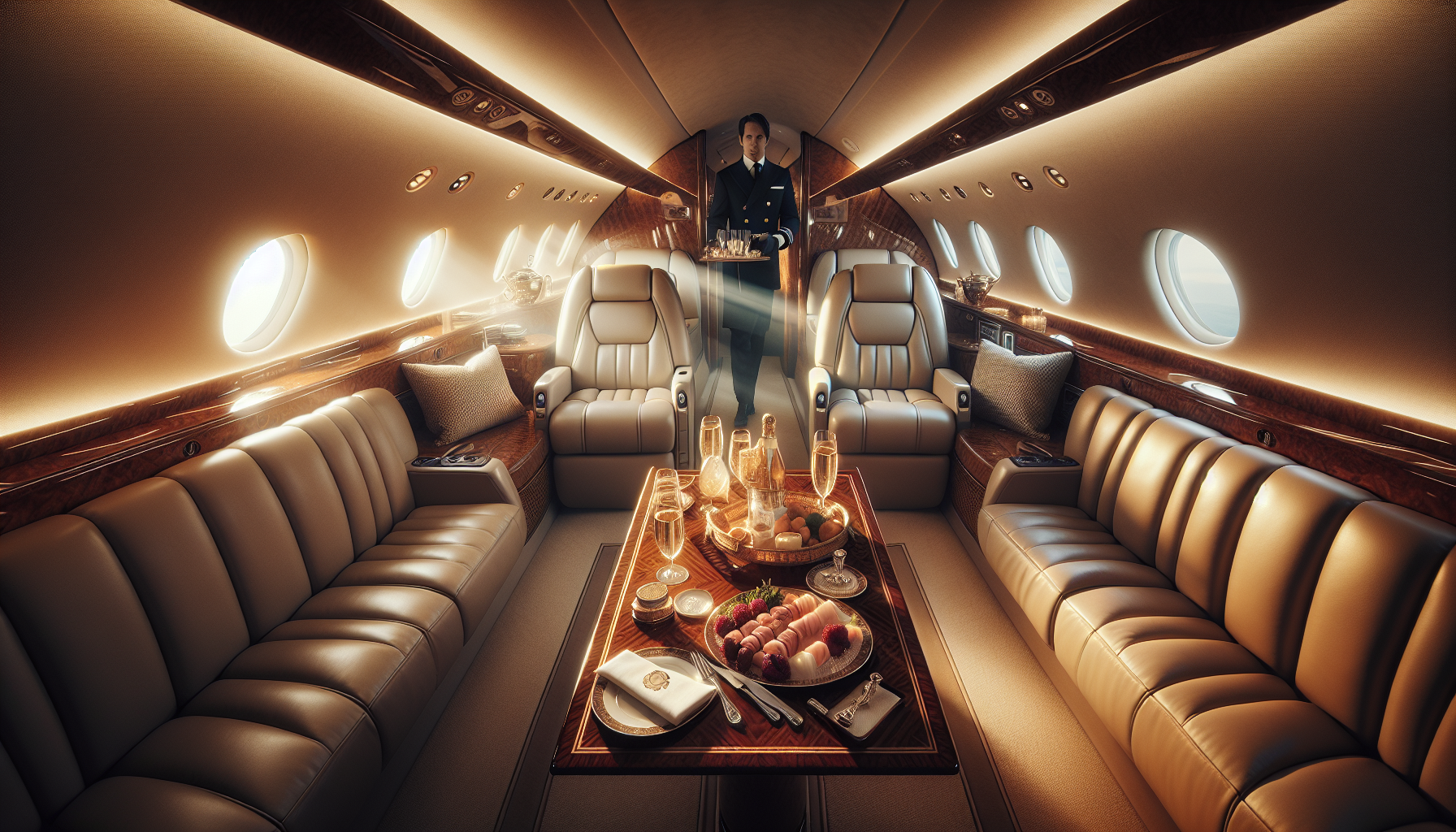 Elegant interior of a private jet with luxurious amenities