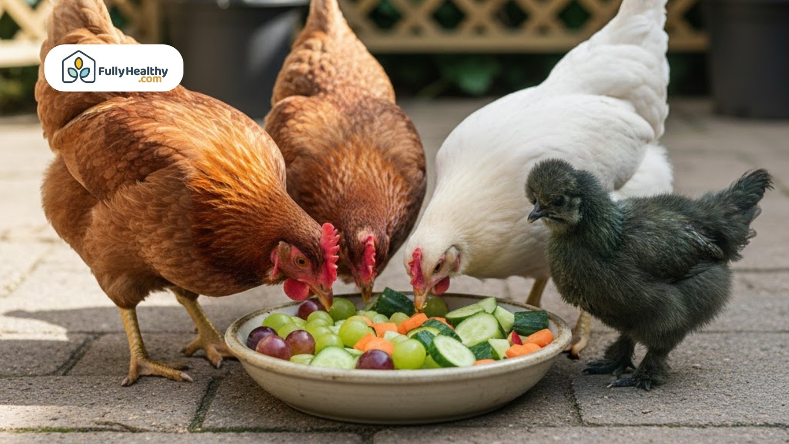 Chickens eating mixed fruits and vegetables from bowl including grapes and cucumbers