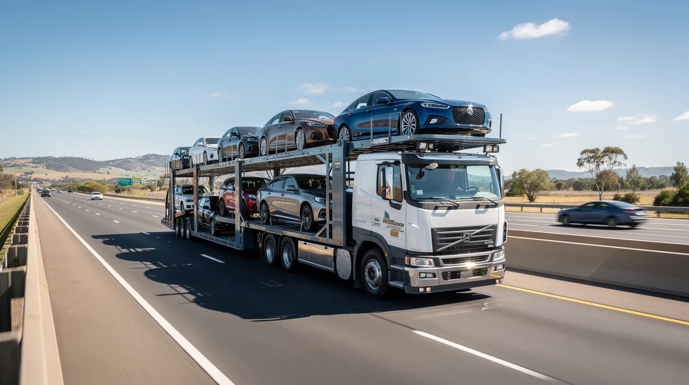 A car carrier truck loaded with multiple vehicles is traveling along an interstate highway, showcasing the efficient auto transport services used for shipping cars across state lines. The truck represents the auto transport industry, ensuring vehicles are safely delivered to their destinations.