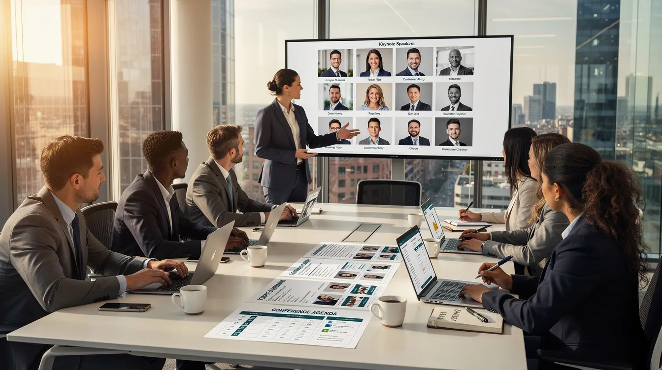 An event planning team is gathered around a conference table, reviewing options for keynote speakers on their laptops while consulting event schedules. The atmosphere is focused as they discuss speaker fees and potential guest speakers for their upcoming corporate event.