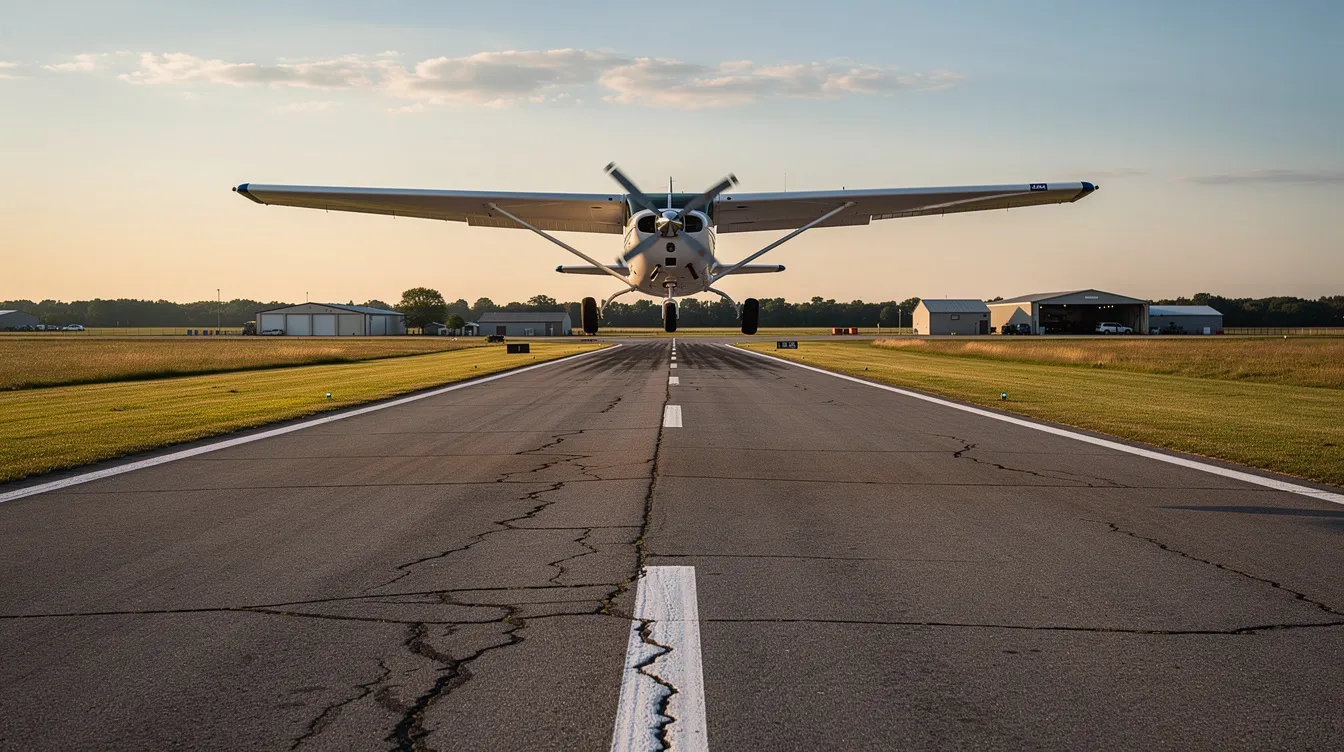 A small training airplane is flying over a rural airport runway, symbolizing the beginning of a pilot's journey in flight training. This scene captures the essence of student pilots gaining flight hours as they work towards obtaining their private pilot certificate or commercial pilot certificate.