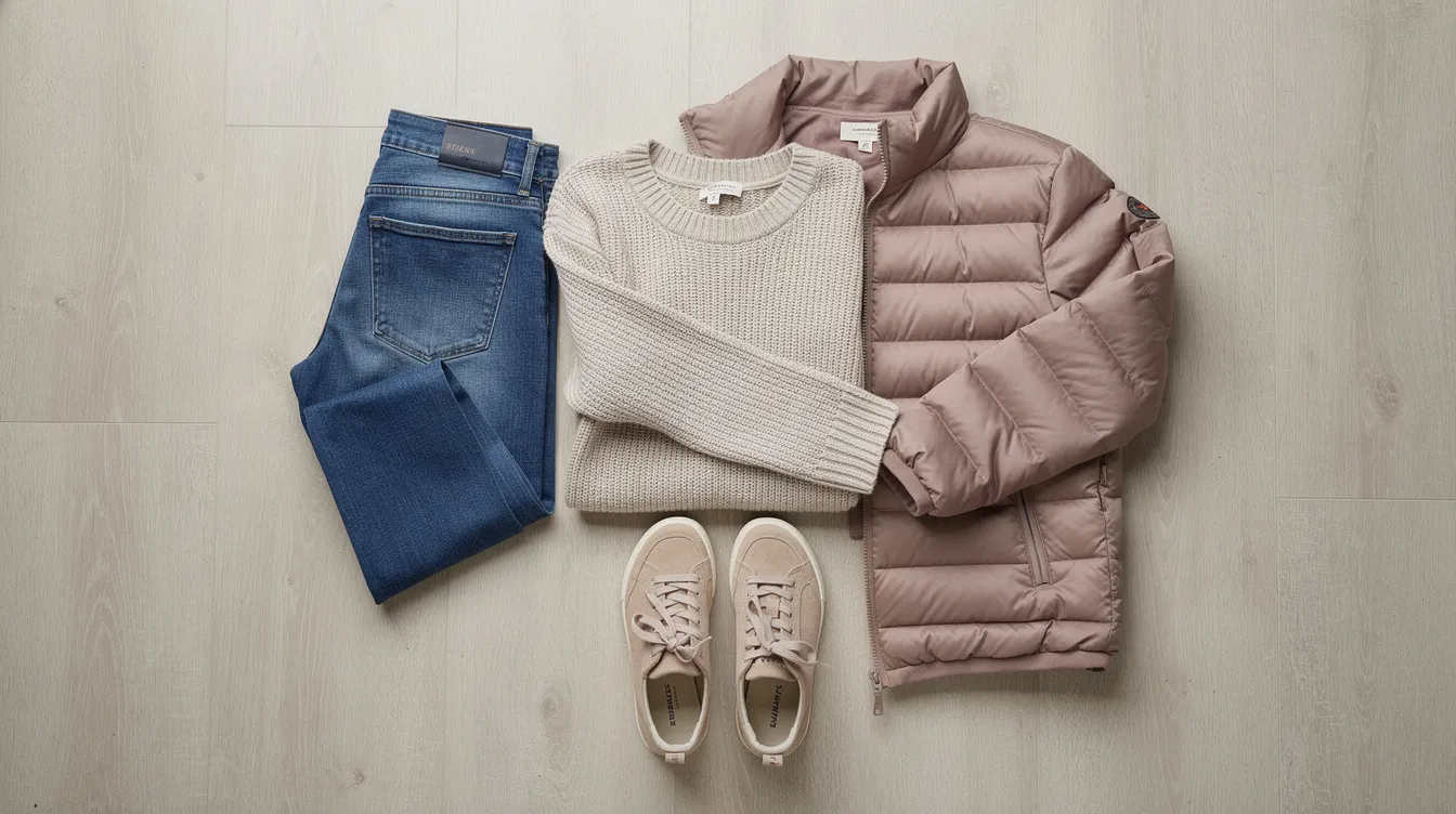 Die Flatlayaufnahme zeigt ein stilvolles Winteroutfit, bestehend aus beigen gefütterten Sneakern, einer blauen Jeans, einem gemütlichen Strickpullover und einer warmen Daunenjacke, alles auf einem hellen Holzboden arrangiert. Diese Kombination ist ideal für die kühlen Temperaturen der Jahreszeit und bietet sowohl Komfort als auch Trendbewusstsein.