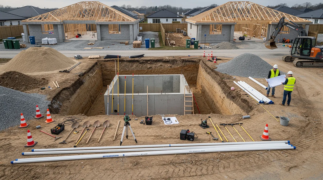 L'image montre un chantier résidentiel où une excavation est préparée pour l'installation d'une cuve d'assainissement non collectif. Des outils de génie civil sont visibles autour, soulignant l'importance des normes et de la conformité dans le processus d'assainissement.