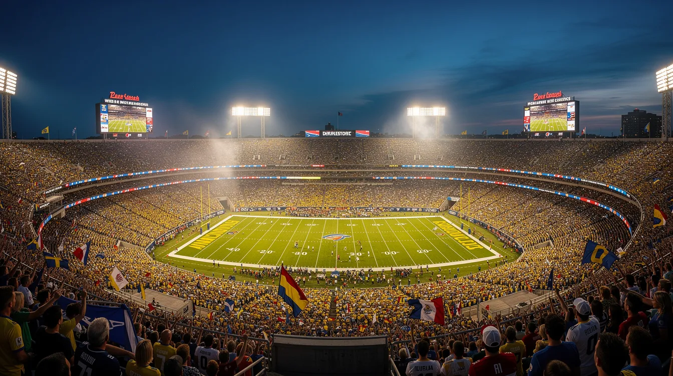 A panoramic view captures a massive modern football stadium in Kansas City, filled with enthusiastic fans under the glow of evening lights, all eagerly awaiting the excitement of the FIFA World Cup 2026. This vibrant scene reflects the passion for the beautiful game as supporters cheer for their teams during the tournament's group stage.