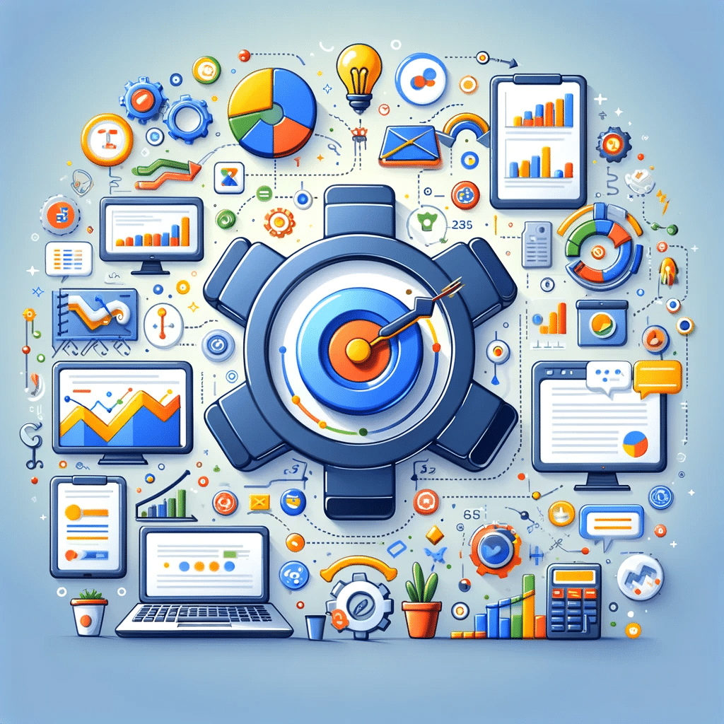 Ilustración de automatización en Google Ads mostrando gráficos, análisis de marketing y sistemas automatizados para optimizar campañas publicitarias | Posiciona.Digital
