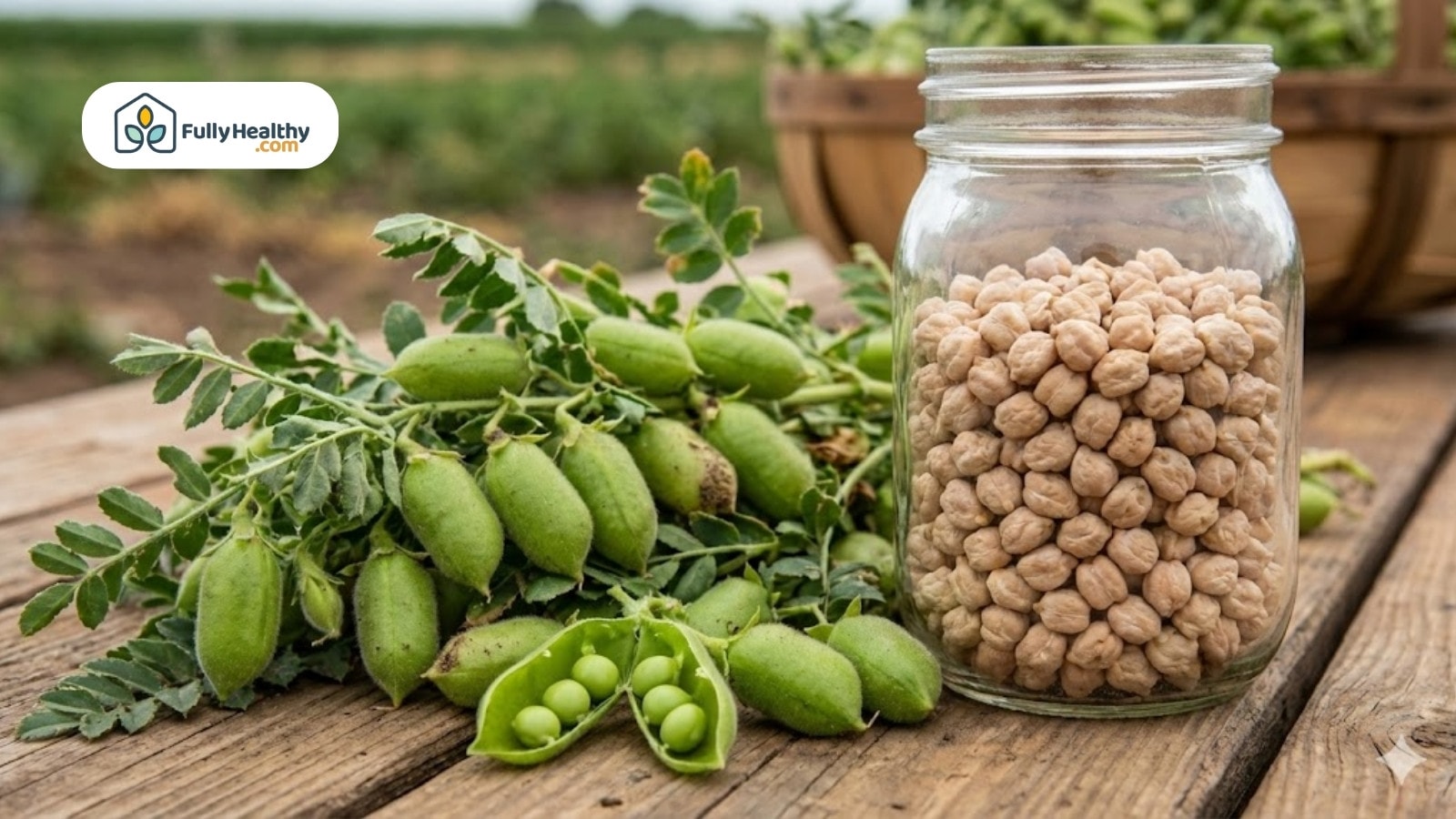 Fresh green chickpea pods beside a jar of dried chickpeas on wooden table