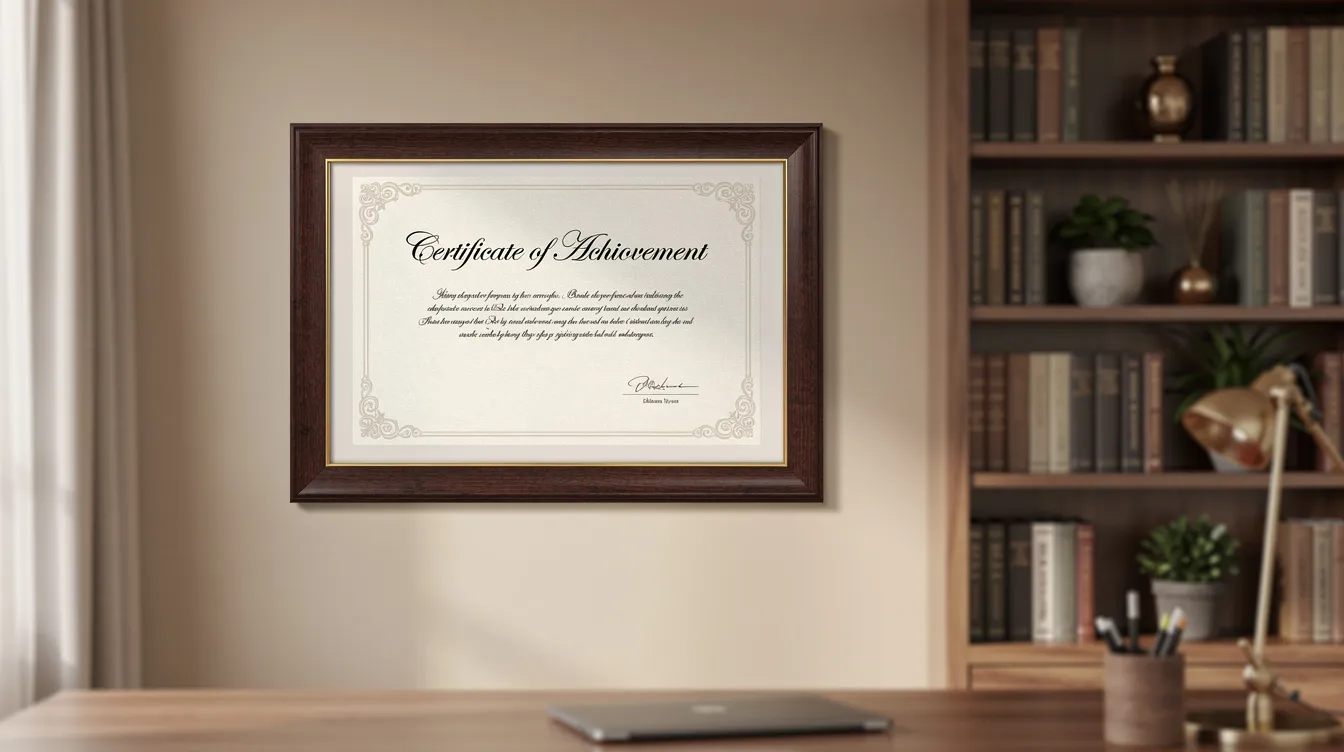 The image features an elegant framed certificate displayed on a warm-toned wall in a home office, accompanied by bookshelves filled with various books. This certificate, resembling a college degree, symbolizes academic credentials and the importance of authenticity in educational documents.