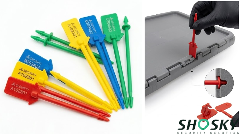 Variety of dedicated tote pins in blue, yellow and red colors