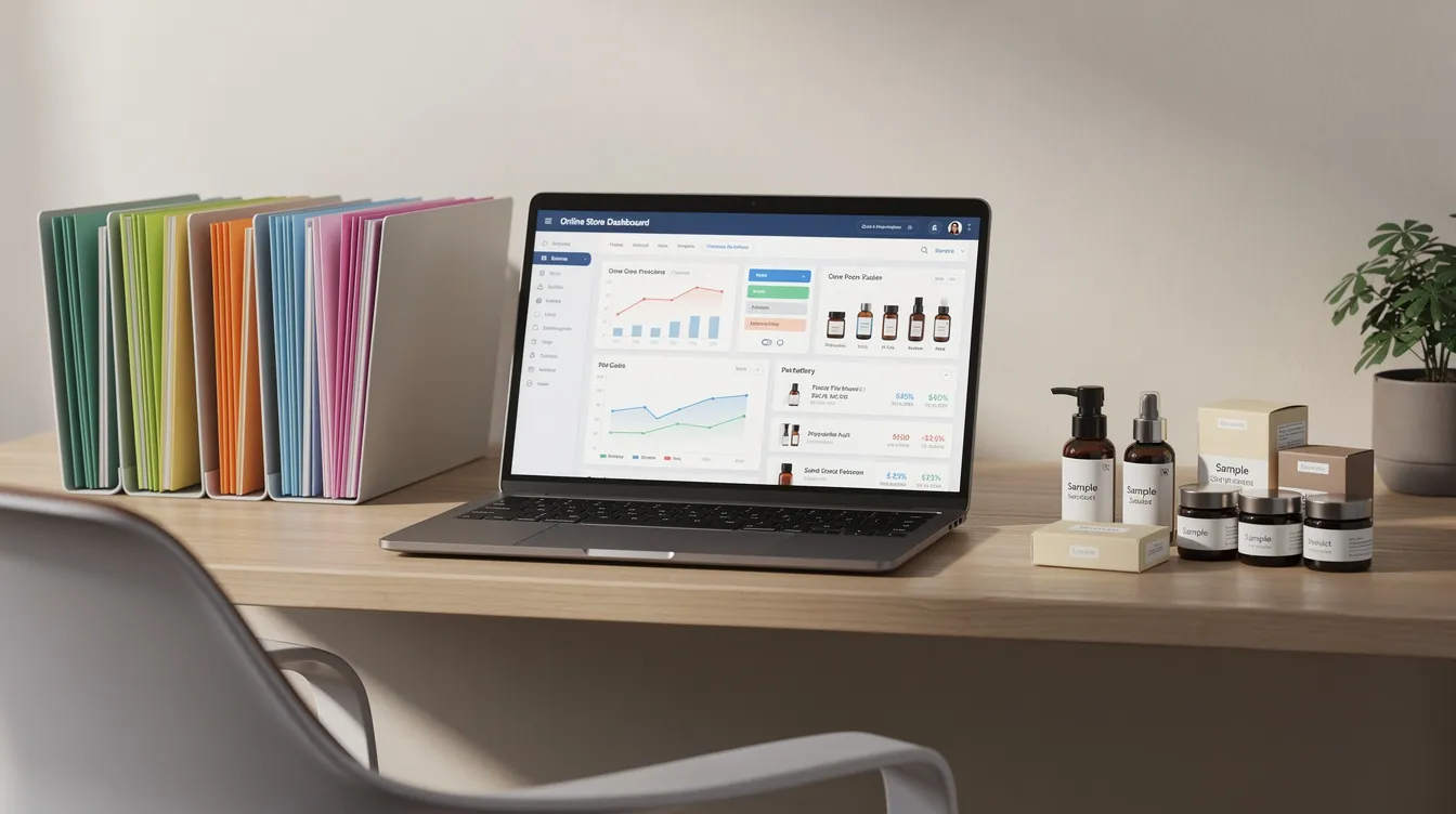 f21e589a 0d78 42be b055 11310662afe9 The image depicts an organized home workspace featuring a desk with neatly arranged files, a laptop displaying an online selling dashboard, and various product samples. This setup is ideal for entrepreneurs looking to manage their micro and small businesses efficiently, potentially benefiting from mudra loans and financial assistance programs.