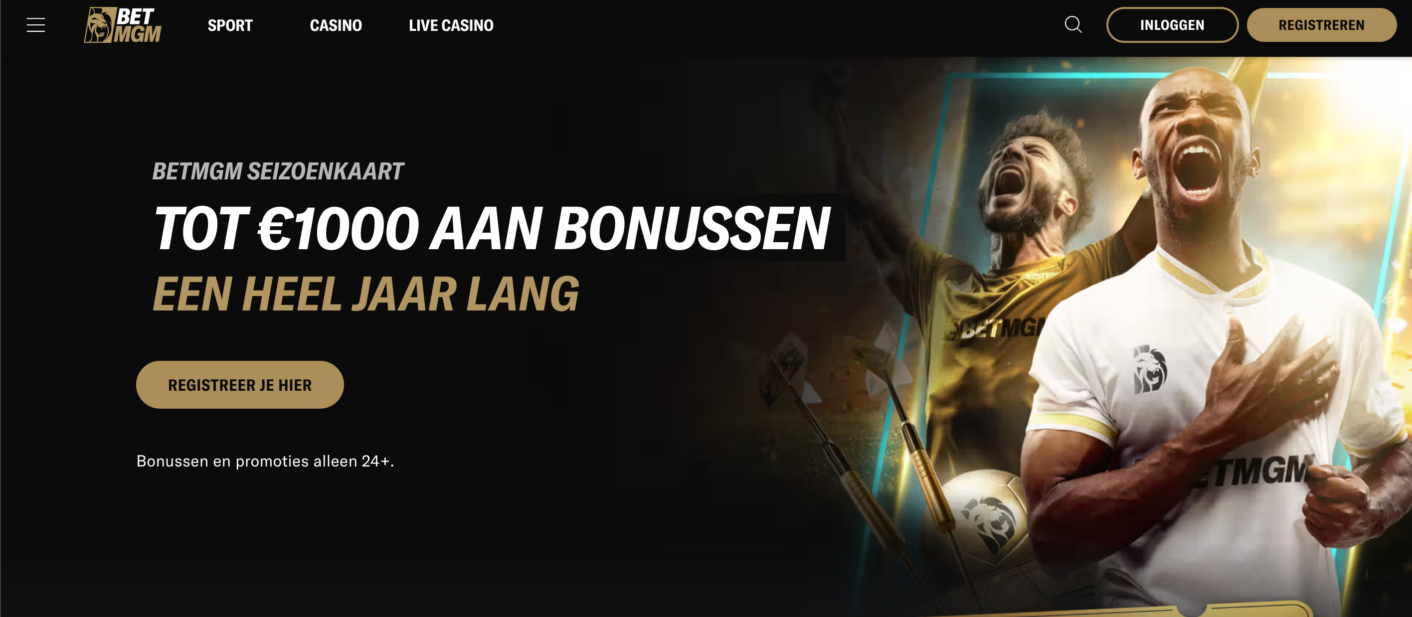 BetMGM welkomstbonus tot €1000 aan bonussen – seizoenkaart met free bets, profit boosts en bonusgeld voor nieuwe spelers van 24 jaar of ouder, met voorwaarden zoals minimale storting en minimale odds in het sportsbook.