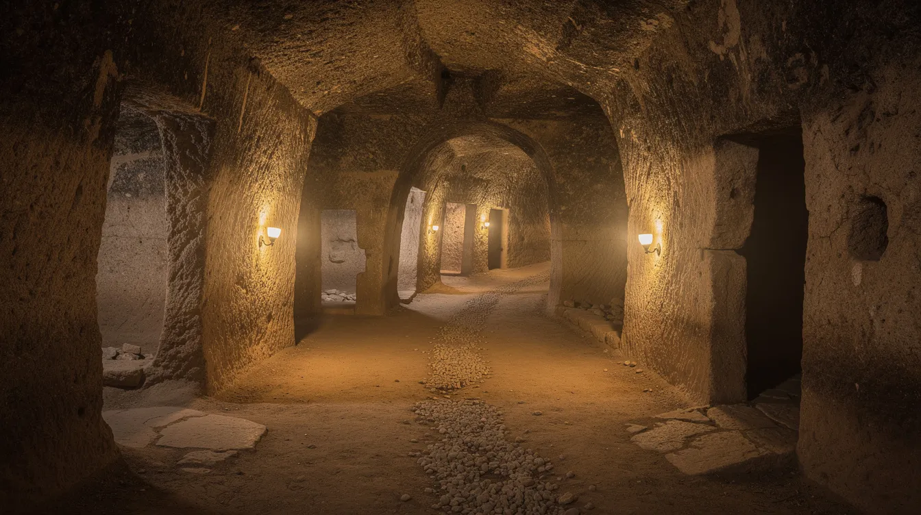 Imagen de las salas excavadas en roca de la ciudad subterránea de Kaymakli, con pasillos estrechos y una luz tenue que resalta las paredes de piedra. Este sitio histórico de Capadocia, utilizado como refugio por los habitantes en épocas de persecución, muestra la complejidad de sus túneles y espacios subterráneos.