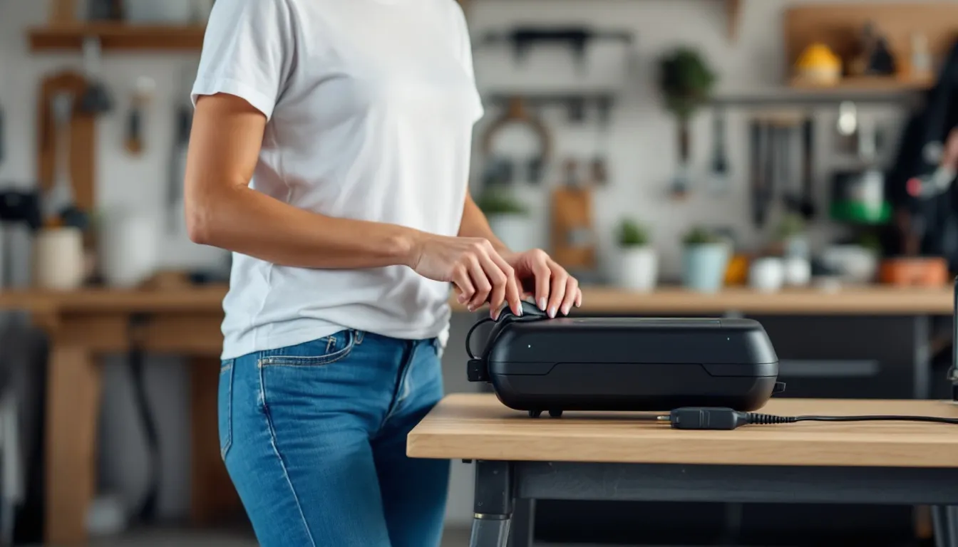 Una donna sta ricaricando la batteria rimovibile della sua e-bike in un ambiente domestico. L'immagine mostra l'utente mentre si prende cura della sua bicicletta elettrica, evidenziando l'importanza della manutenzione per le bici da donna.