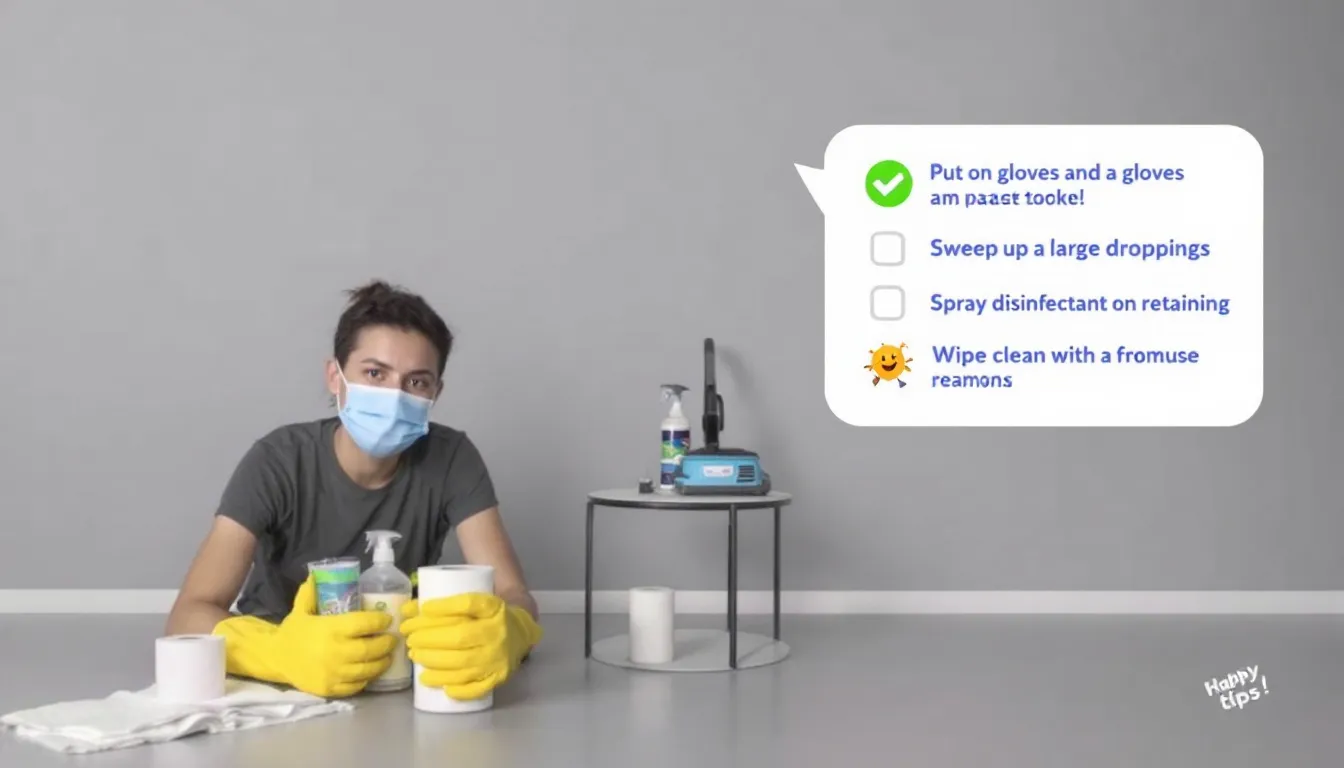 Person wearing rubber gloves while cleaning up mouse droppings safely.