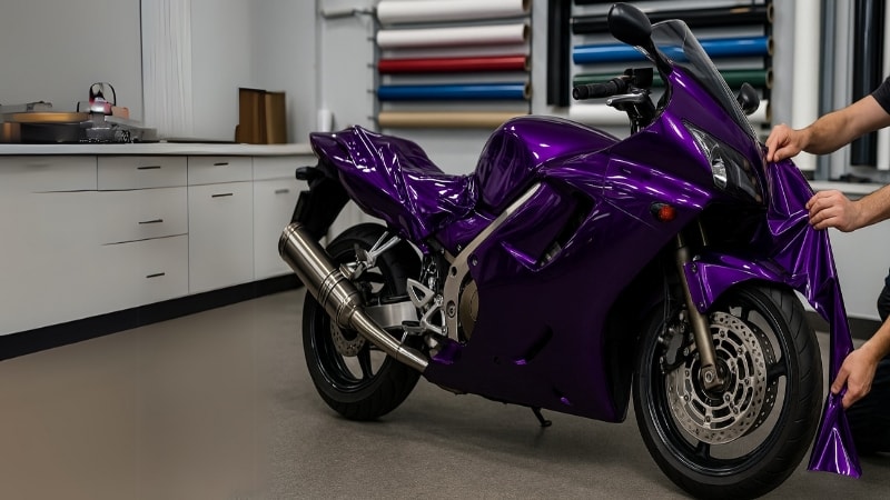 A motor-bike being wrapped in purple vinyl wrap