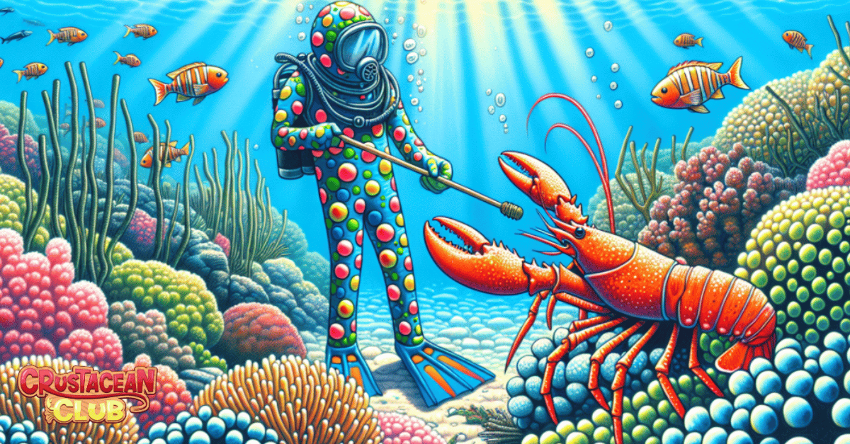 Cartoon illustration of a diver using a tickle stick to catch lobsters