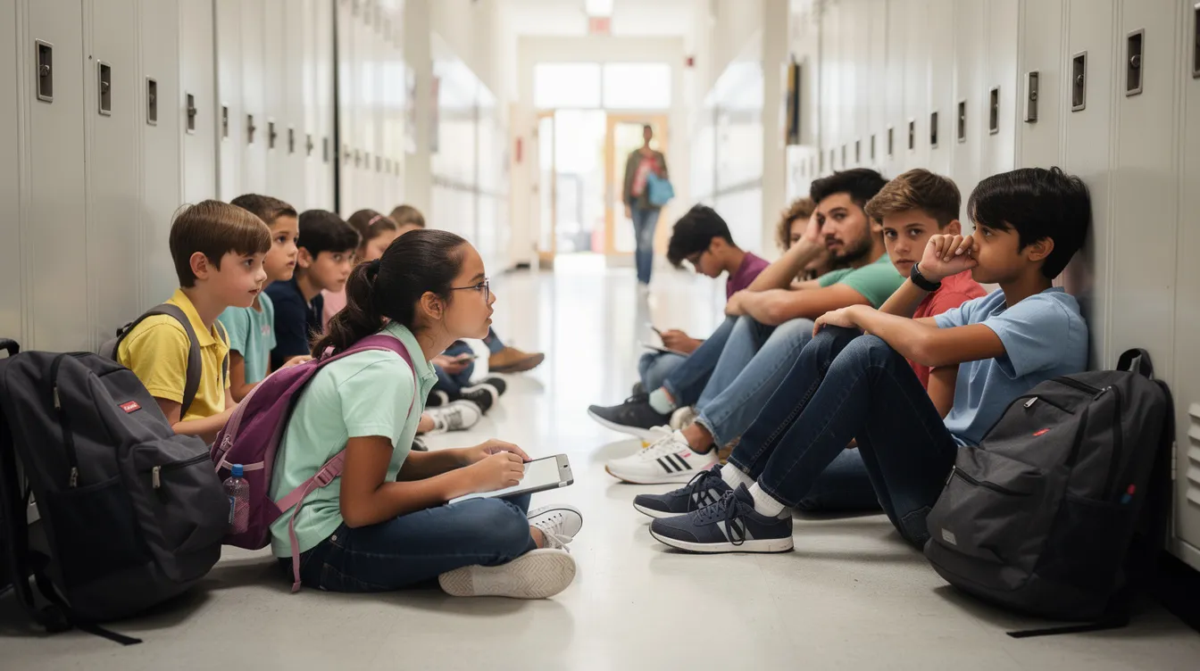 A diverse group of students of various ages is seated in a school corridor, with some appearing focused and attentive while others seem distracted. This scene highlights the importance of effective listening skills in children, as they navigate their learning environment and engage in group discussions.