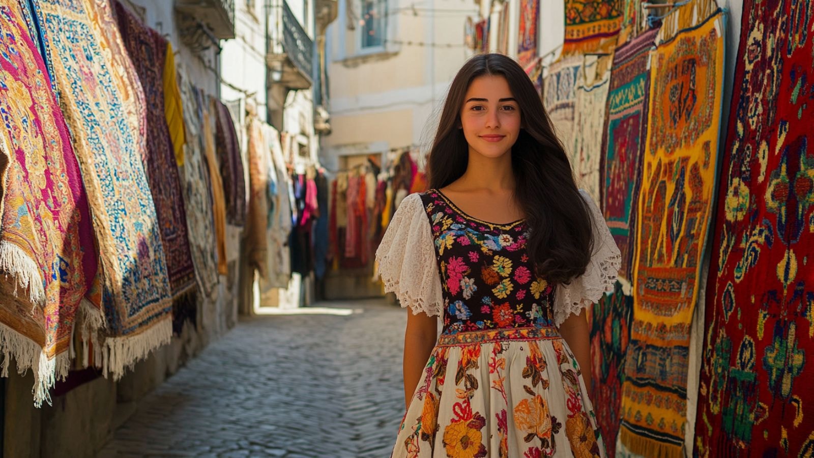 woman in a dress embroidered with Arraiolos patterns, standing in a market displaying Arraiolos rugs