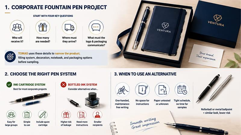 Custom fountain pen corporate gift project guide showing logo customization, gift packaging, pen selection, and business gifting solutions