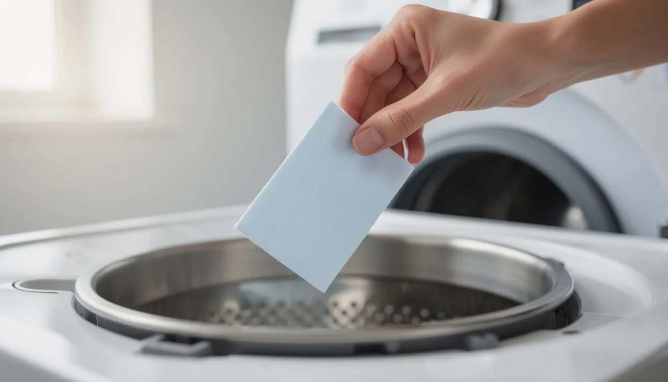 A person's hand is seen dropping a thin, biodegradable laundry detergent sheet into the drum of a washing machine, highlighting a modern and eco-friendly approach to cleaning clothes without harsh chemicals. The detergent sheet promises effective cleaning power while being gentle on sensitive skin and free from toxic ingredients.