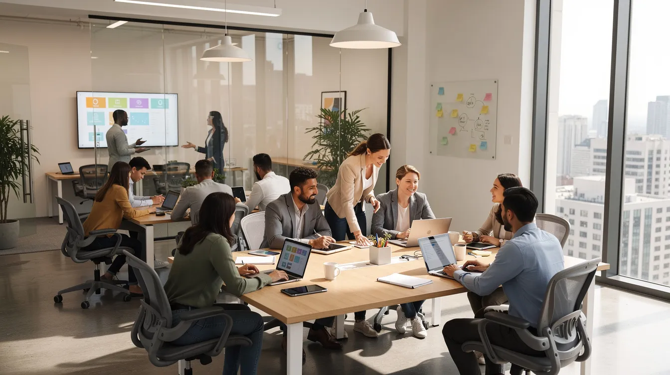 The image depicts a modern open-plan office filled with people actively collaborating at desks, utilizing laptops and tablets. This dynamic workspace highlights the use of collaboration tools like Microsoft Teams and various mobile devices, fostering teamwork and enhancing productivity.