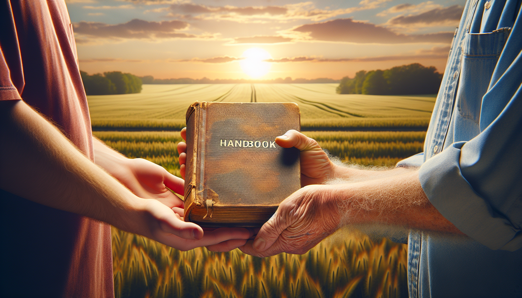 An illustration of hands exchanging a handbook, reflecting the distribution and accessibility of the employee handbook in Kentucky.