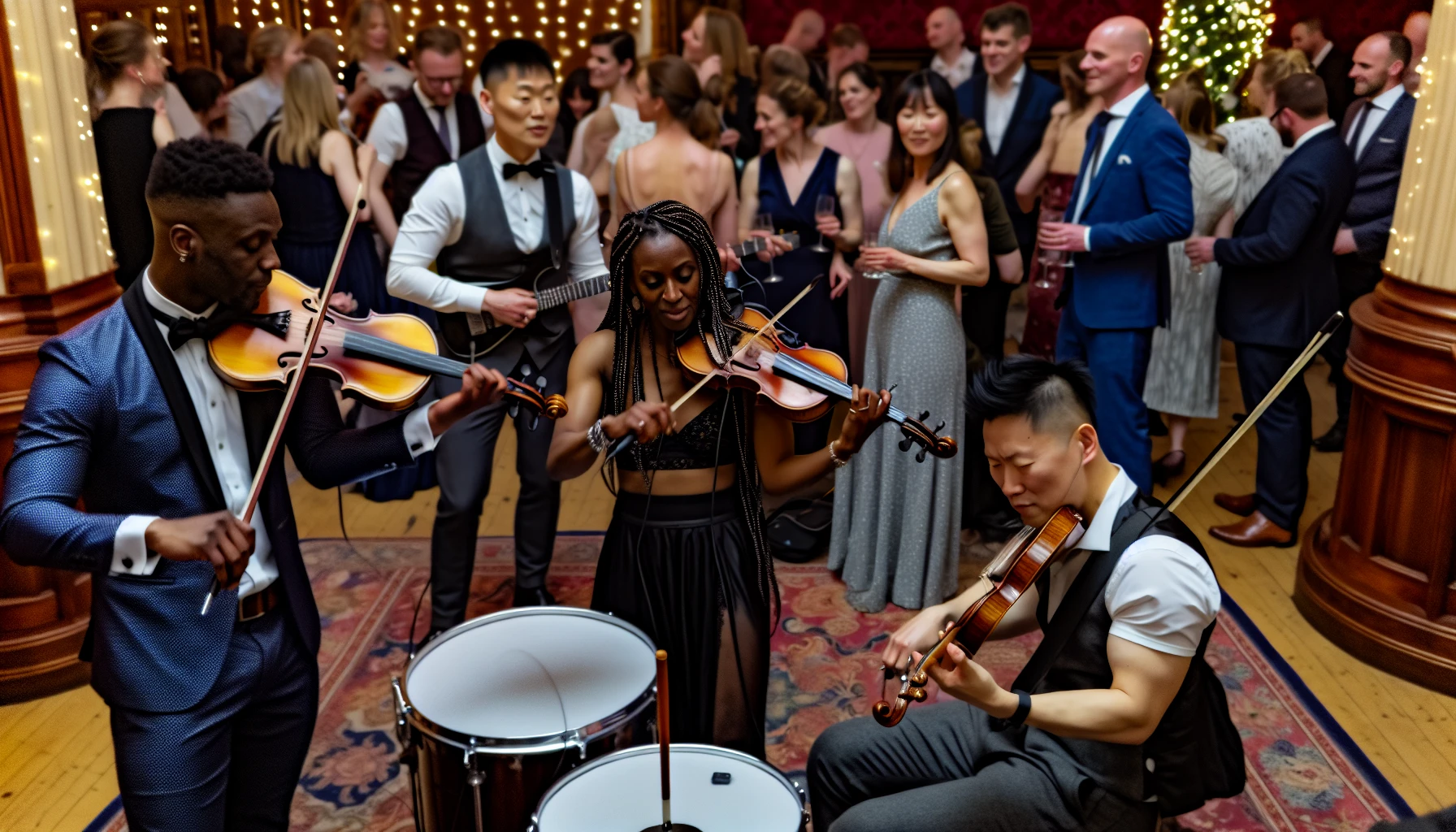 A diverse group of professional musicians performing at a wedding in Manchester.