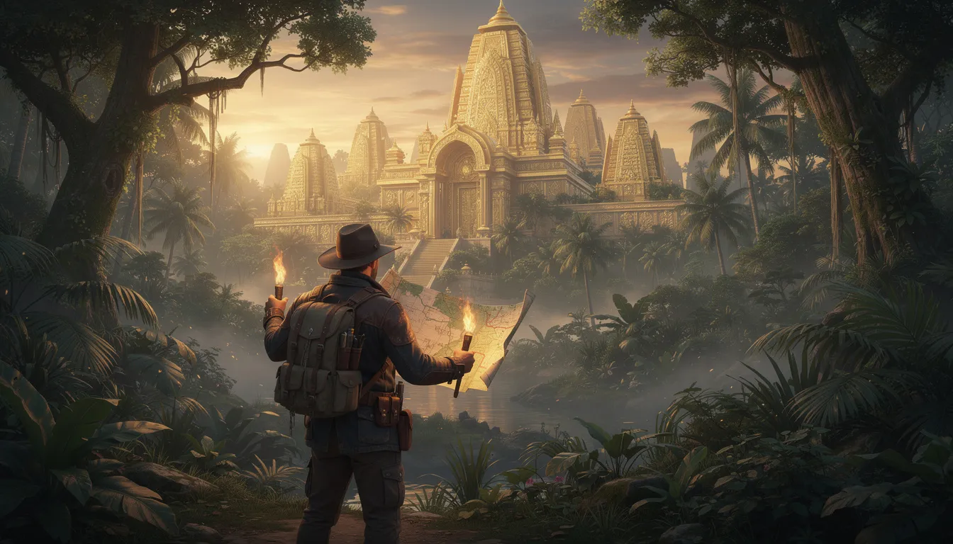 En äventyrare står i ett frodigt djungellandskap med ett gyllene tempel i bakgrunden. Djungeln är tät med grön vegetation och tempelns glittrande yta ger en känsla av mystik och spänning.