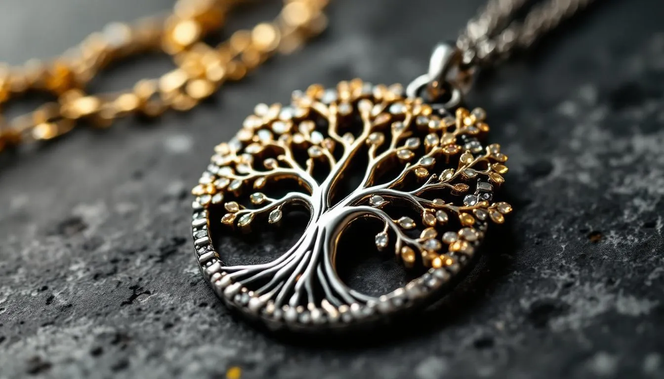 The image features a beautifully designed Tree of Life Necklace, symbolizing love and empowerment, surrounded by other curated jewellery pieces that represent personal stories and cherished moments. Each item in this collection invites wearers to embrace their unique experiences and celebrate the relationships that matter most to them.