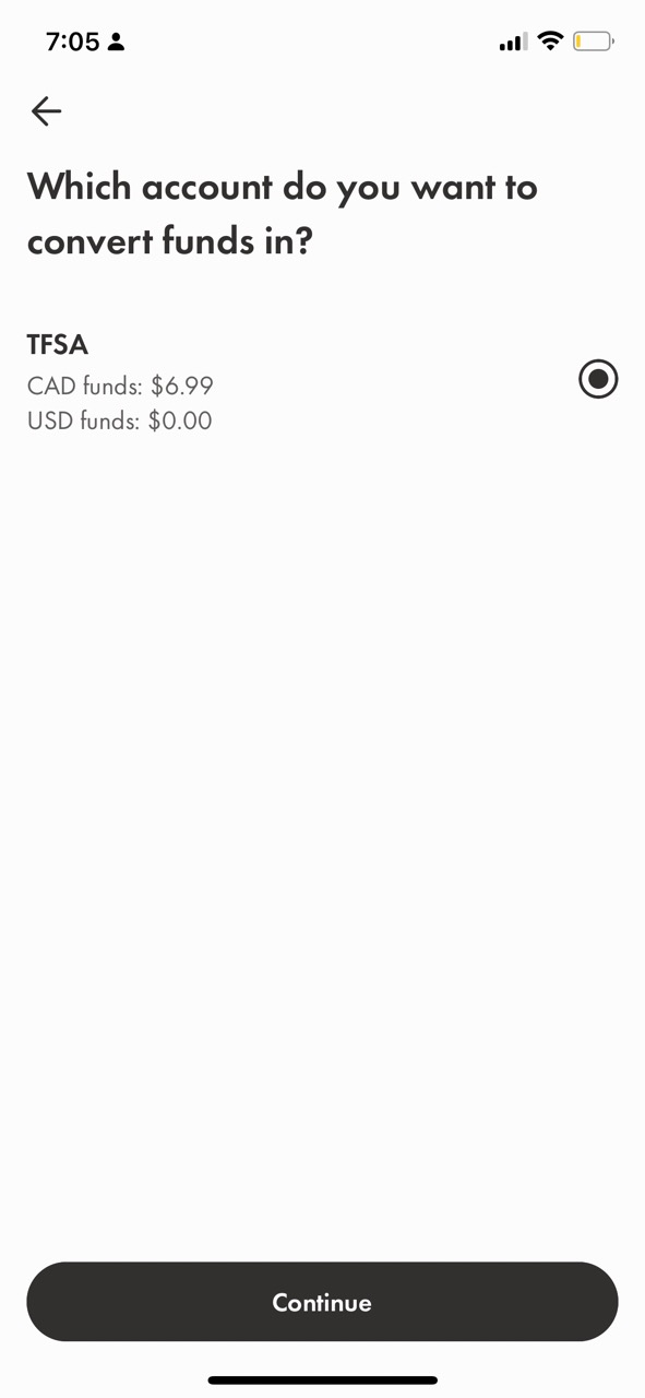 Wealthsimple Trade App choose your account screen