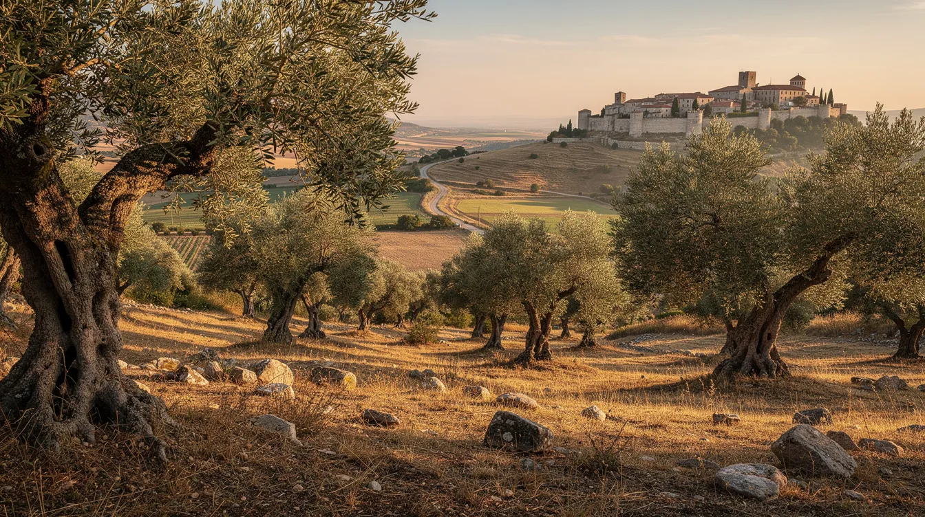The image depicts an ancient olive grove on a gentle hillside, overlooking a lush valley that leads to a distant walled city, evoking a sense of peace and connection to the divine. This serene landscape could symbolize significant mountains in the Bible, such as Mount Sinai and Mount Zion, where God's presence was revealed, reflecting the rich spiritual heritage of Jewish and Christian cultures.