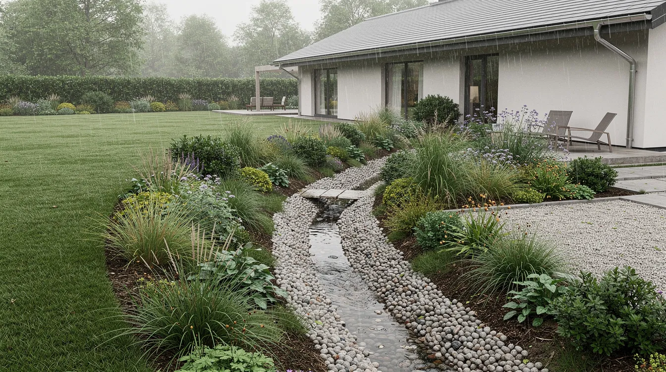 Un jardin résidentiel présente une noue végétalisée en creux, entourée de plantes et de gravier, qui recueille les eaux pluviales provenant du toit de la maison. Cette solution de gestion des eaux pluviales contribue à la résilience face aux enjeux du changement climatique.