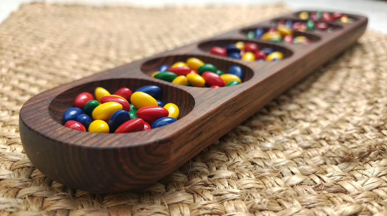 The image features a beautifully carved dark wood mancala board filled with colorful seeds in its pits, resting on a woven mat. This traditional game is enjoyed by players around the world, often bringing together children and families for fun and strategic play.
