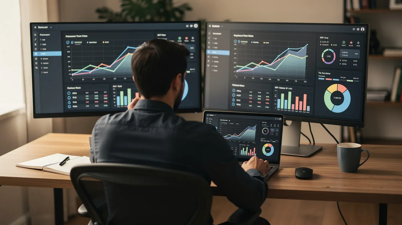 f22d2ff6 bfda 45d6 9c73 518611cba337 A person is focused on their laptop at a home desk, flanked by dual monitors displaying detailed analytics dashboards. This setup is ideal for busy professionals in the service industry, such as digital marketing agencies or business consulting, highlighting the importance of data management and customer satisfaction in a successful service business.