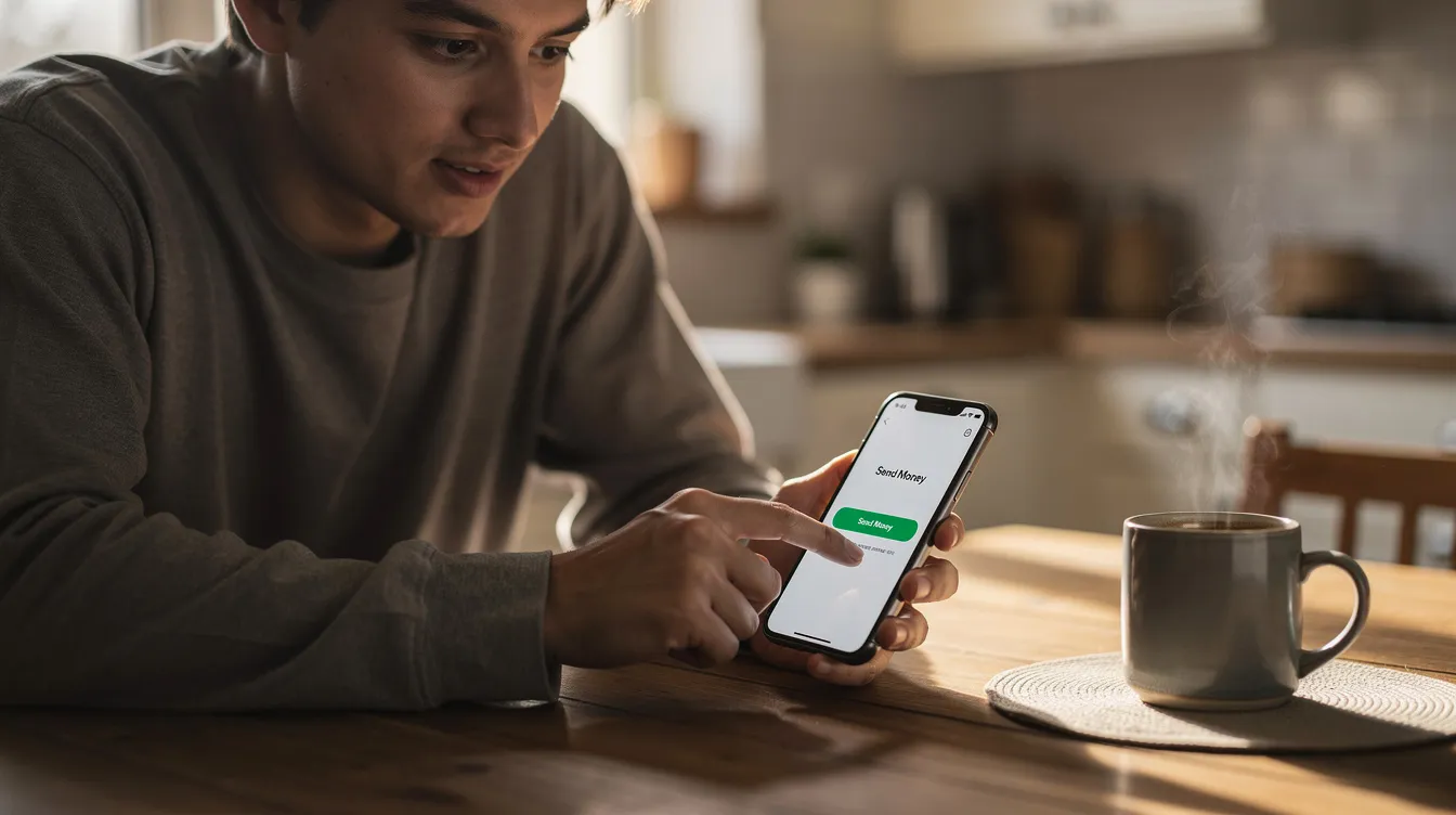 A person is seated at a kitchen table, focused on their smartphone as they send a mobile money transfer, with a coffee mug placed nearby. This scene reflects the everyday life of Filipinos adapting to modern financial practices, showcasing the skills and technology that facilitate global relationships and transactions.