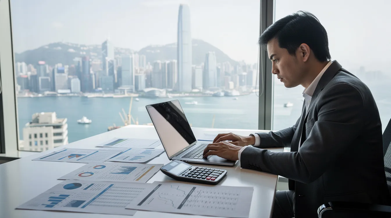 A person is seated at a desk, focused on a laptop surrounded by financial documents and a calculator, while the Hong Kong skyline is visible through the window behind them. The scene suggests a busy atmosphere of financial planning, possibly related to applying for a loan or managing personal finances.