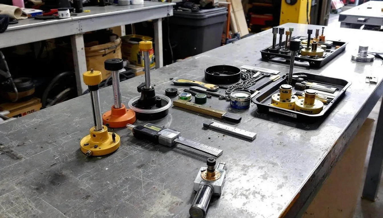 The image shows a workshop table cluttered with various chain sling inspection tools, including no-go gauges and measurement devices, essential for ensuring the safety and performance of alloy steel chain slings during overhead lifting operations. These tools help verify the proper shape and integrity of chain slings, ensuring they meet the required load ratings and safety standards.