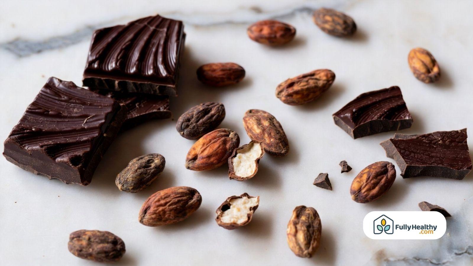 Dark chocolate chunks with raw cacao beans on marble surface.