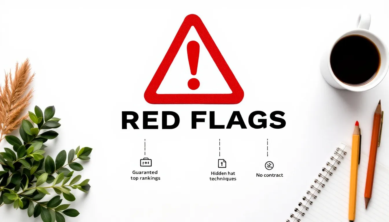 The image illustrates various red flags to avoid when selecting an SEO firm, featuring icons and text that highlight warning signs such as lack of transparency, unrealistic promises, and absence of proven track records in SEO services. It emphasizes the importance of choosing a reputable SEO agency that can effectively enhance search rankings and drive organic traffic.