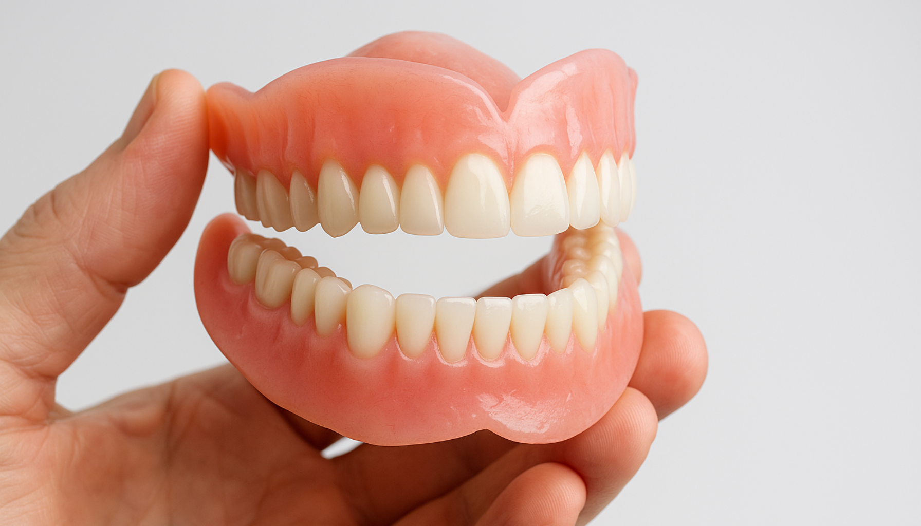 Gebiss – En komplett guide til avtakbare tannproteser 16 "Moderne avtakbare tannproteser holdes i hånden, viser realistiske tenner og rosa tannkjøtt."