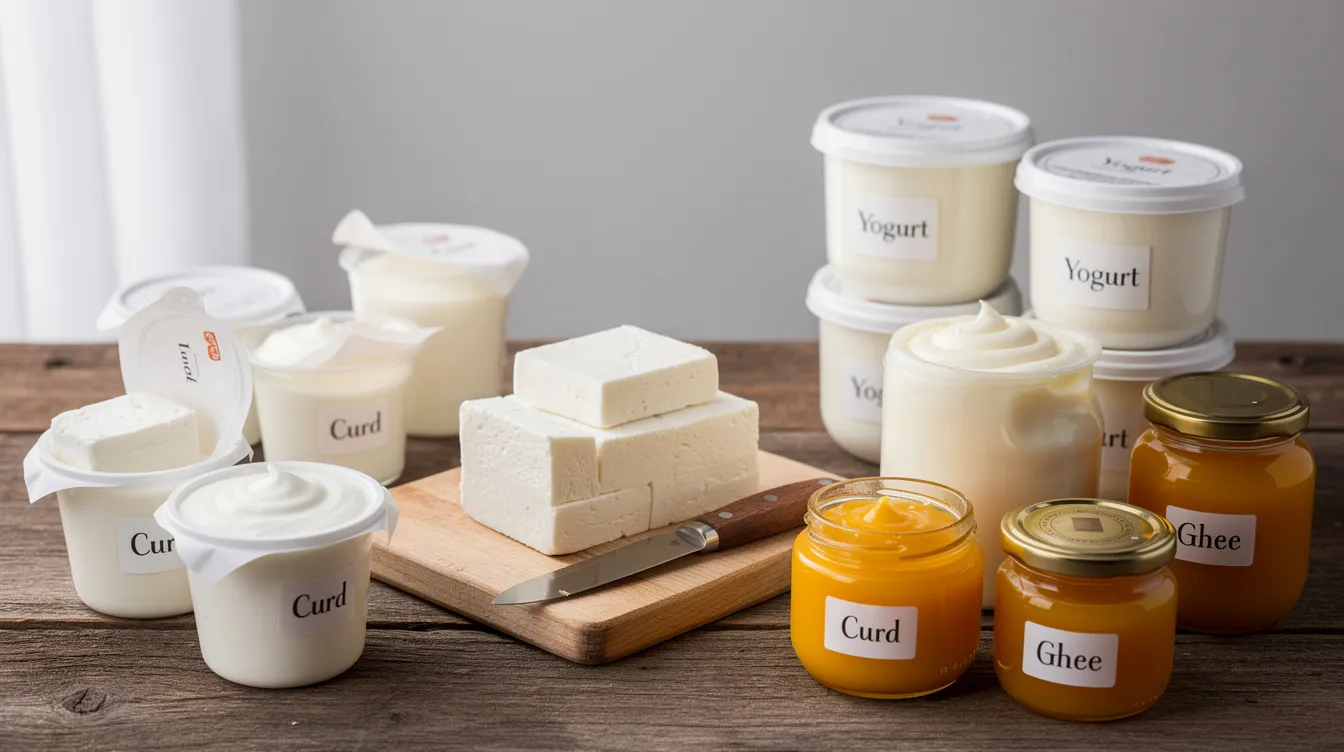 f23a145c 9f3a 47b0 82e7 660f441860a6 The image features an assortment of fresh dairy products, including blocks of paneer, cups of curd, containers of yogurt, and jars of ghee, all displayed on a rustic wooden surface. This selection highlights the diversity of dairy products available in the dairy industry, showcasing the results of modern dairy farming and milk production practices.