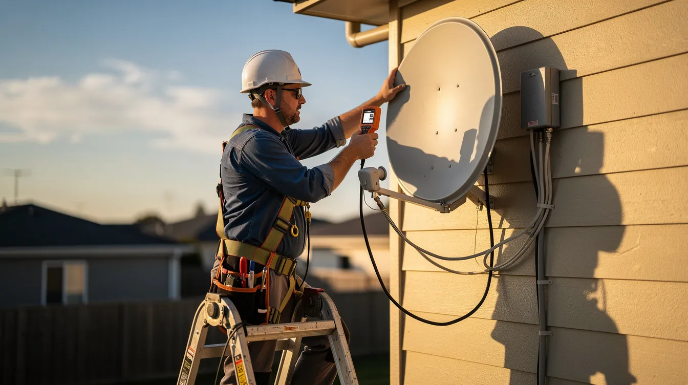 A technician is carefully aligning a residential satellite dish using a signal meter to ensure optimal signal strength and quality for the DSTV decoder. This process is crucial for avoiding error codes and maintaining a clear connection for viewing channels without interruptions.