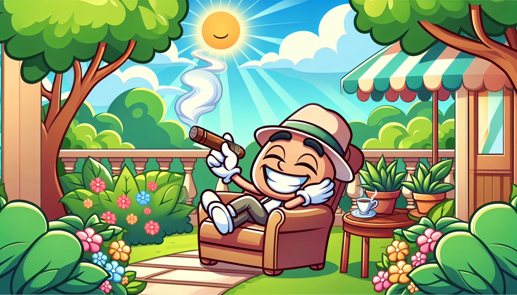 A cartoon depicting a beginner enjoying a cigar outdoors, representing My Father Flor de las Antillas.