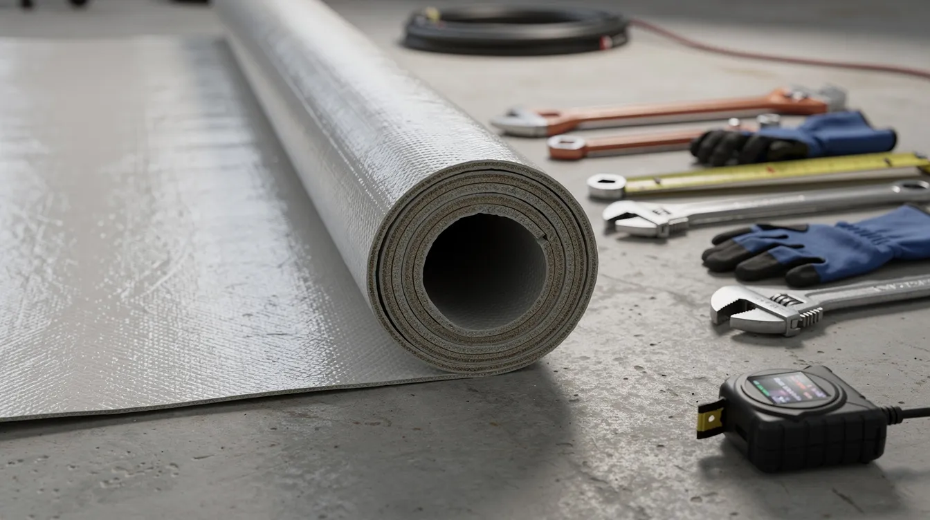A close-up view shows a flexible resin-coated fabric liner tube being unrolled on the ground beside various plumbing tools, highlighting a key component of trenchless pipe repair. This method allows for the rehabilitation of damaged underground pipes with minimal disruption to the surrounding landscape.