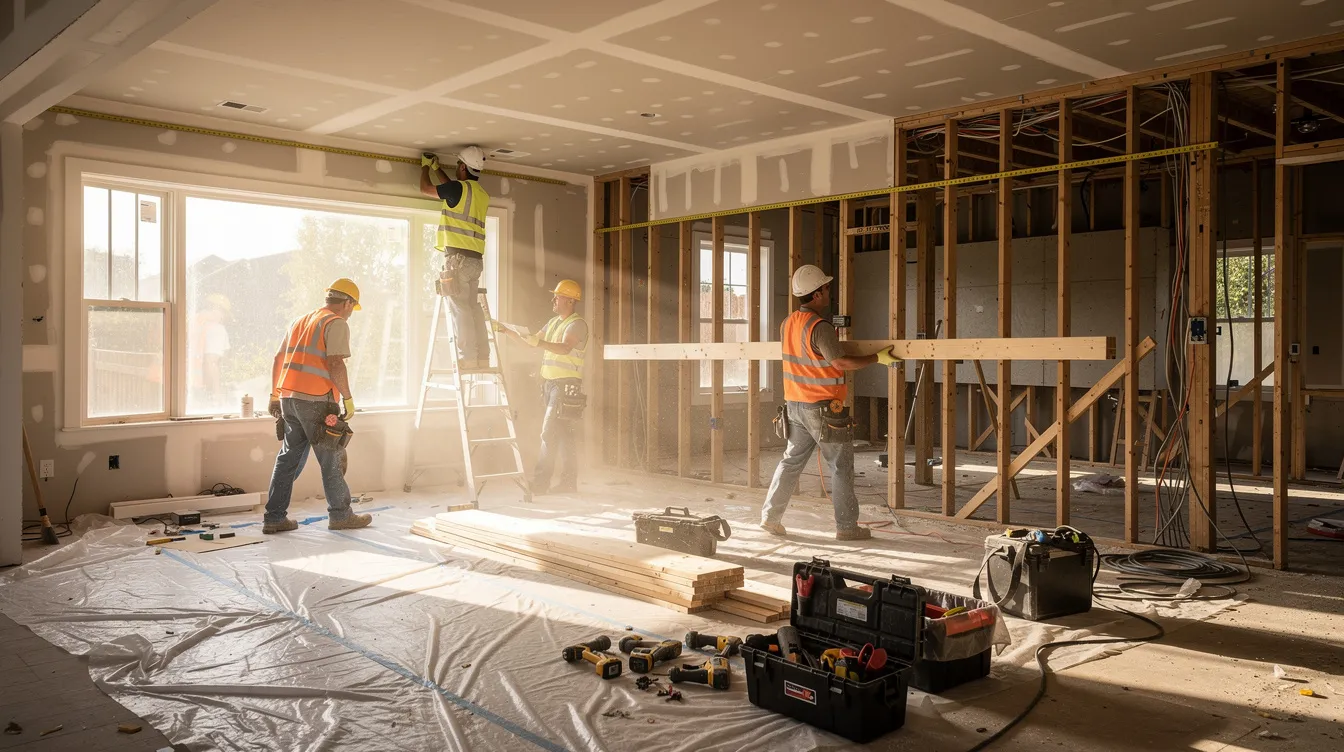 The image depicts construction workers actively renovating the interior of a residential property, with tools and materials scattered around as they work on various aspects of the home. This scene illustrates the process of home improvement, which can significantly impact a homeowner's equity and may be relevant for those considering a home equity line or calculating their heloc payments.
