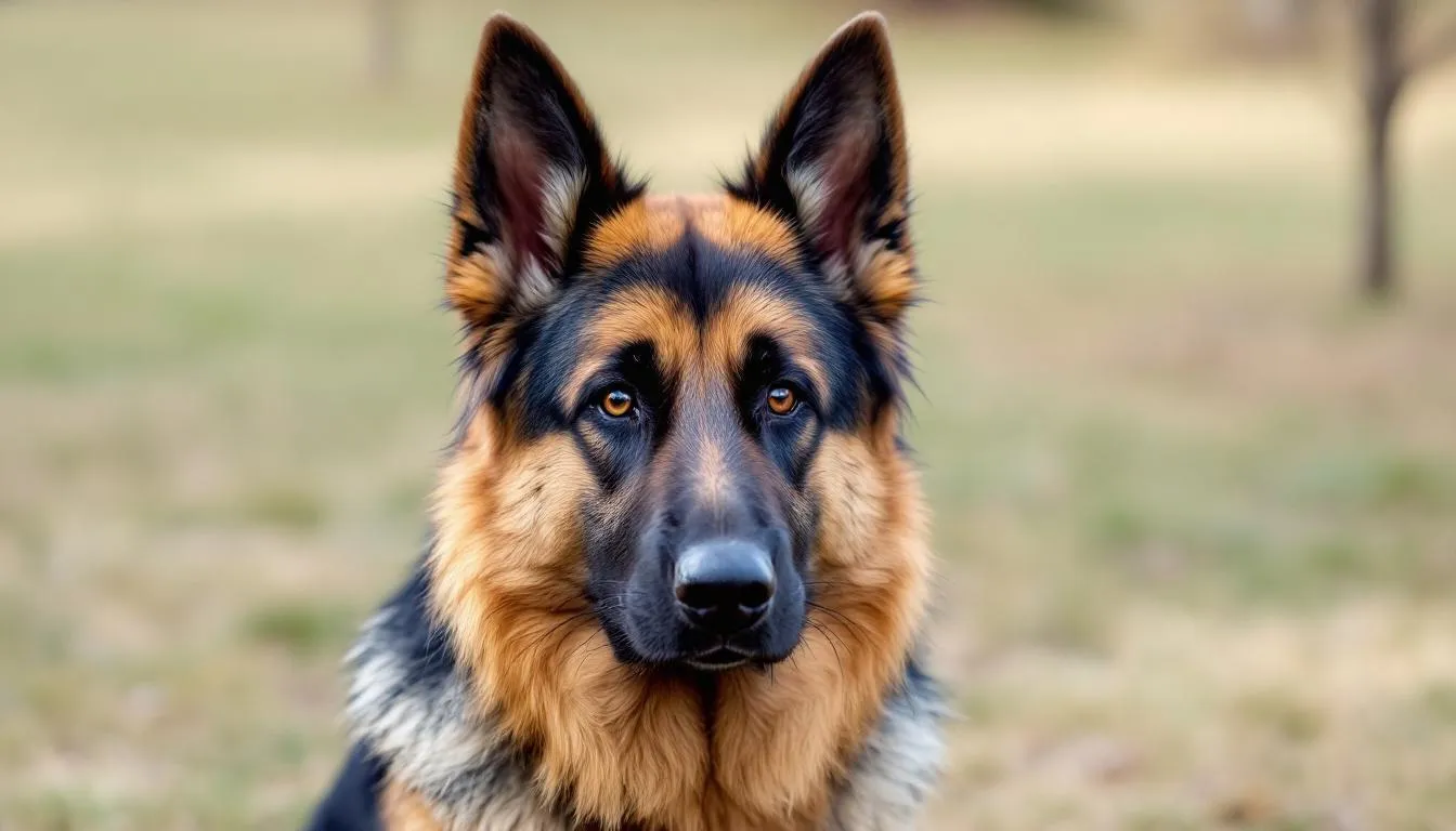 A German Shepherd is depicted with its ears pointed forward, indicating alert attention and curiosity. The dog